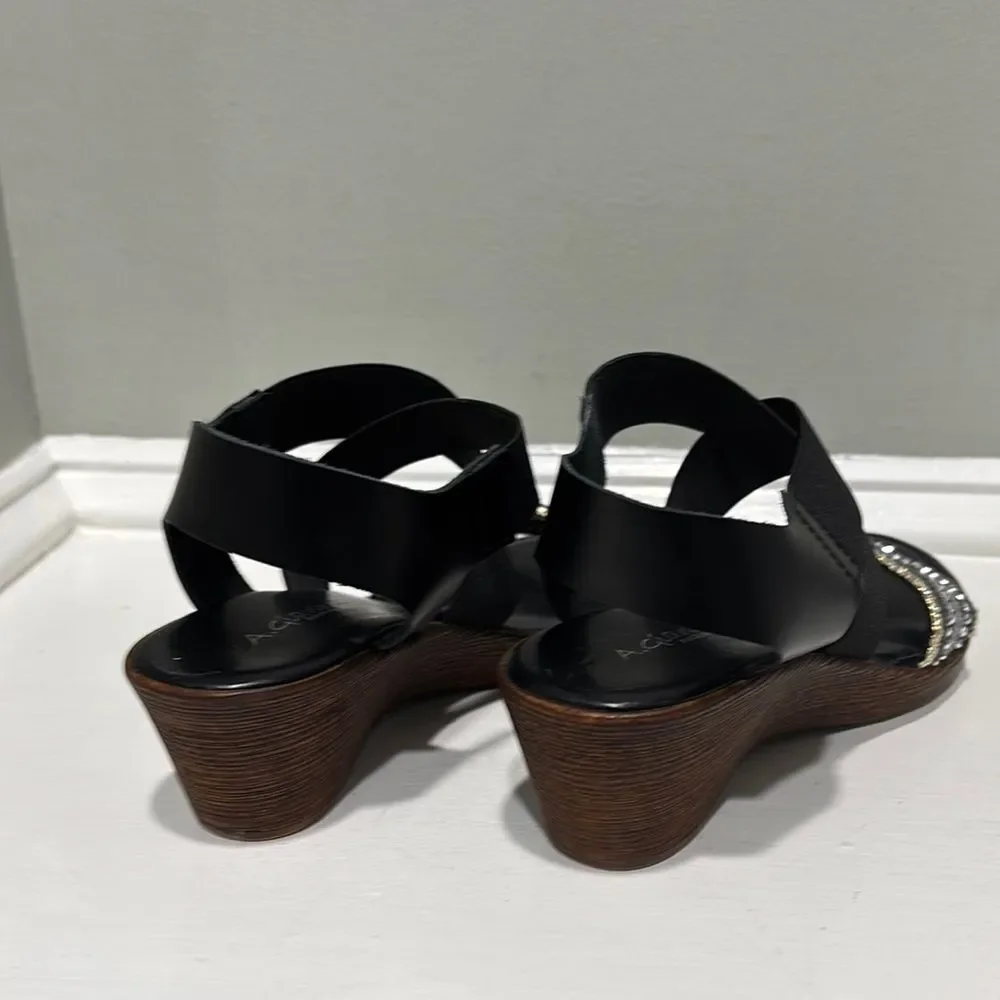 Beaded Wedge Black and Gray Silver Comfort Sandals-size 6.5